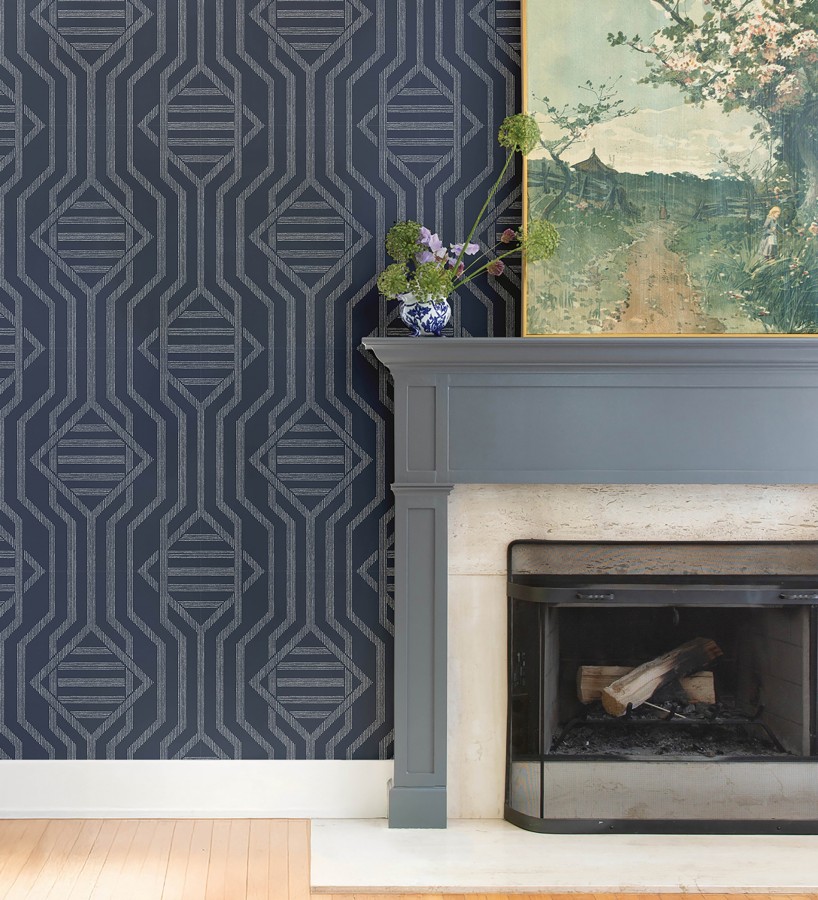 Papel pintado laberinto pictórico azul oscuro  Cambridge Symmetry 683762