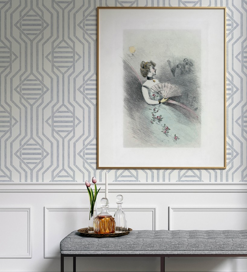 Papel pintado laberinto pictórico azul y blanco  Cambridge Symmetry 683763