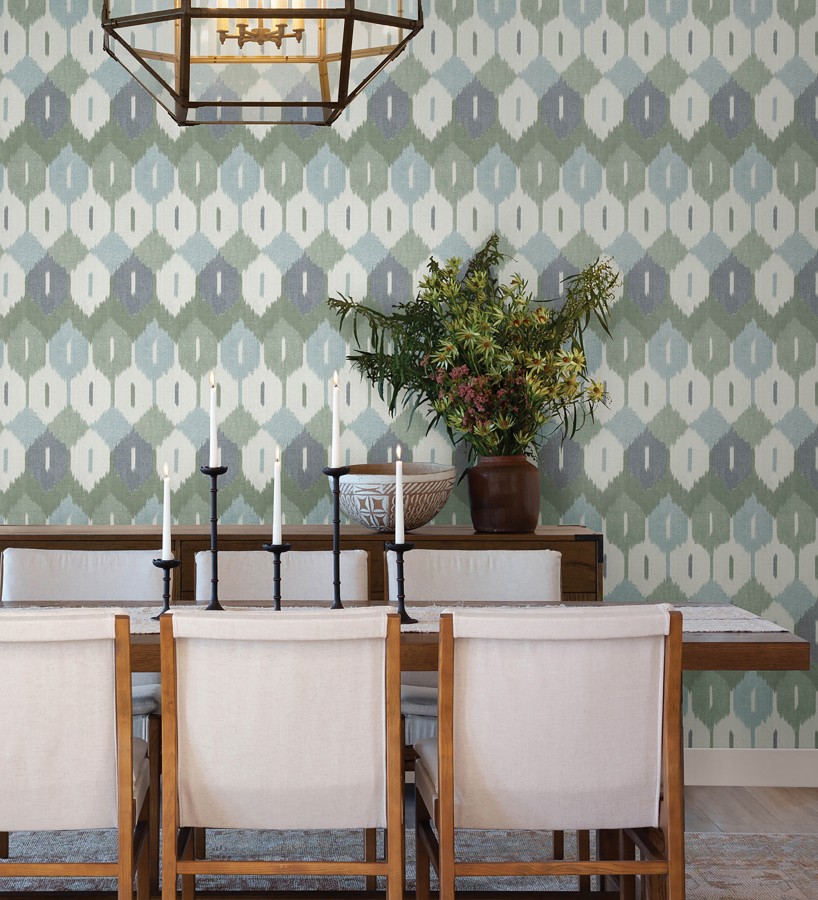 Papel pintado de rombos Ikat colores celeste y verde  Samarkand Ikat 683766