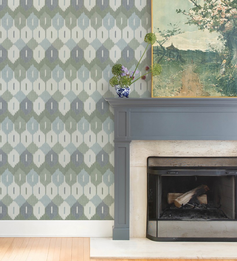 Papel pintado de rombos Ikat colores celeste y verde  Samarkand Ikat 683766