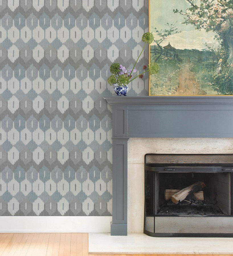 Papel pintado de rombos Ikat colores azul denim y gris carbón  Samarkand Ikat 683767