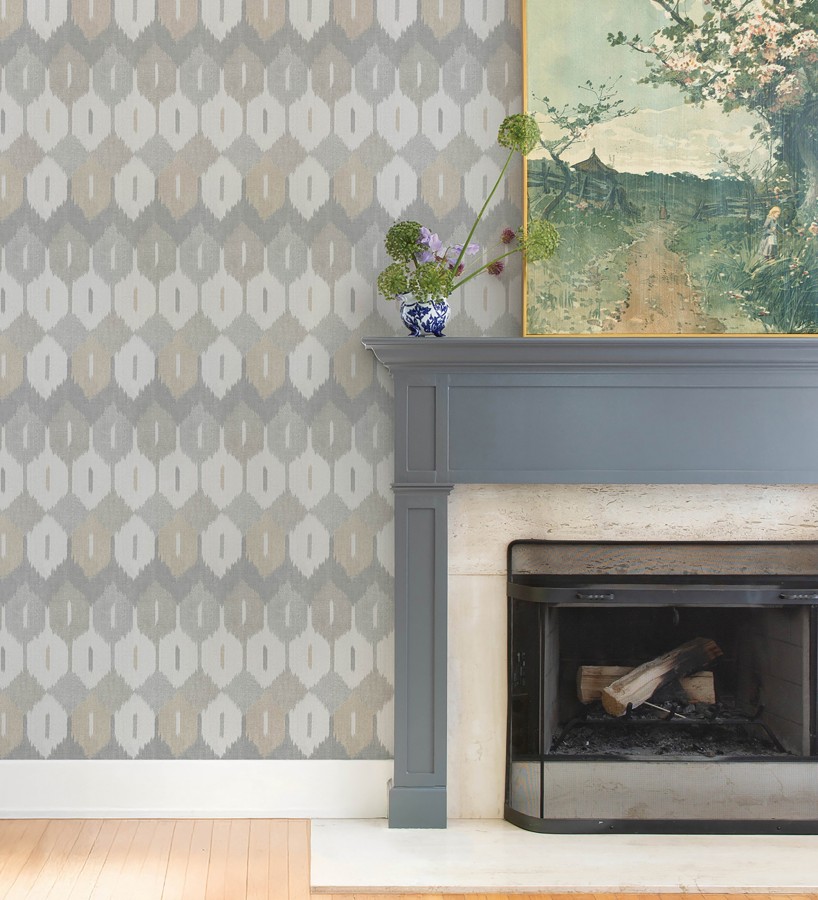 Papel pintado de rombos Ikat colores gris piedra y arena suave  Samarkand Ikat 683769