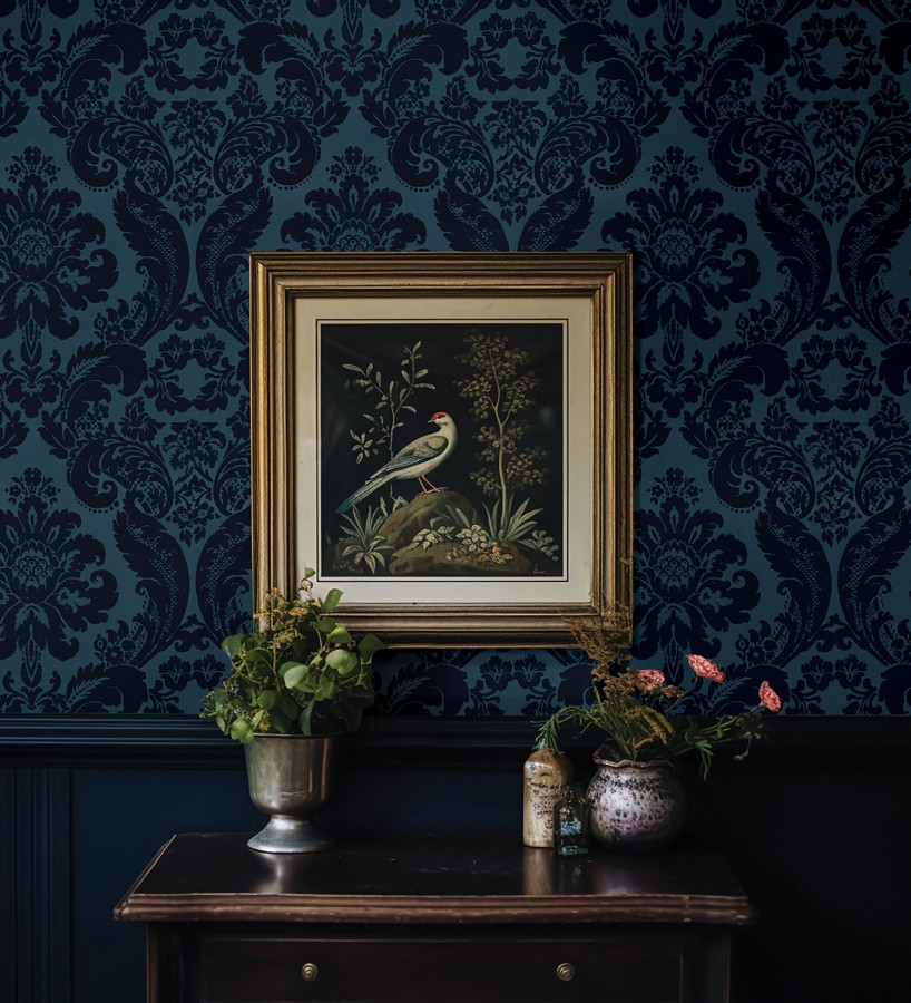 Papel pintado damasco en relieve con terciopelo color azul  Adagio 683771