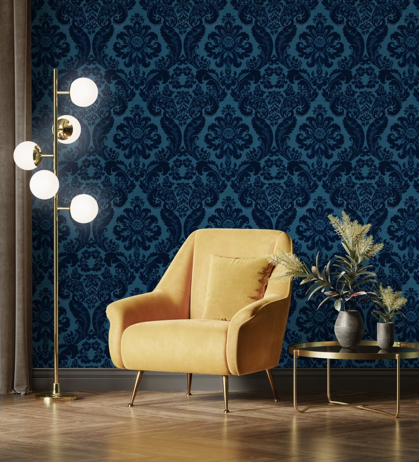Papel pintado damasco en relieve con terciopelo color azul  Adagio 683771