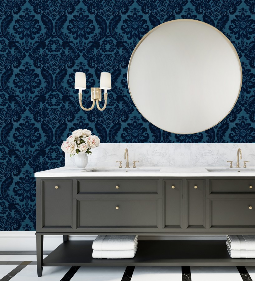 Papel pintado damasco en relieve con terciopelo color azul  Adagio 683771