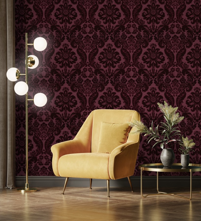 Papel pintado damasco en relieve con terciopelo color burdeos  Adagio 683772