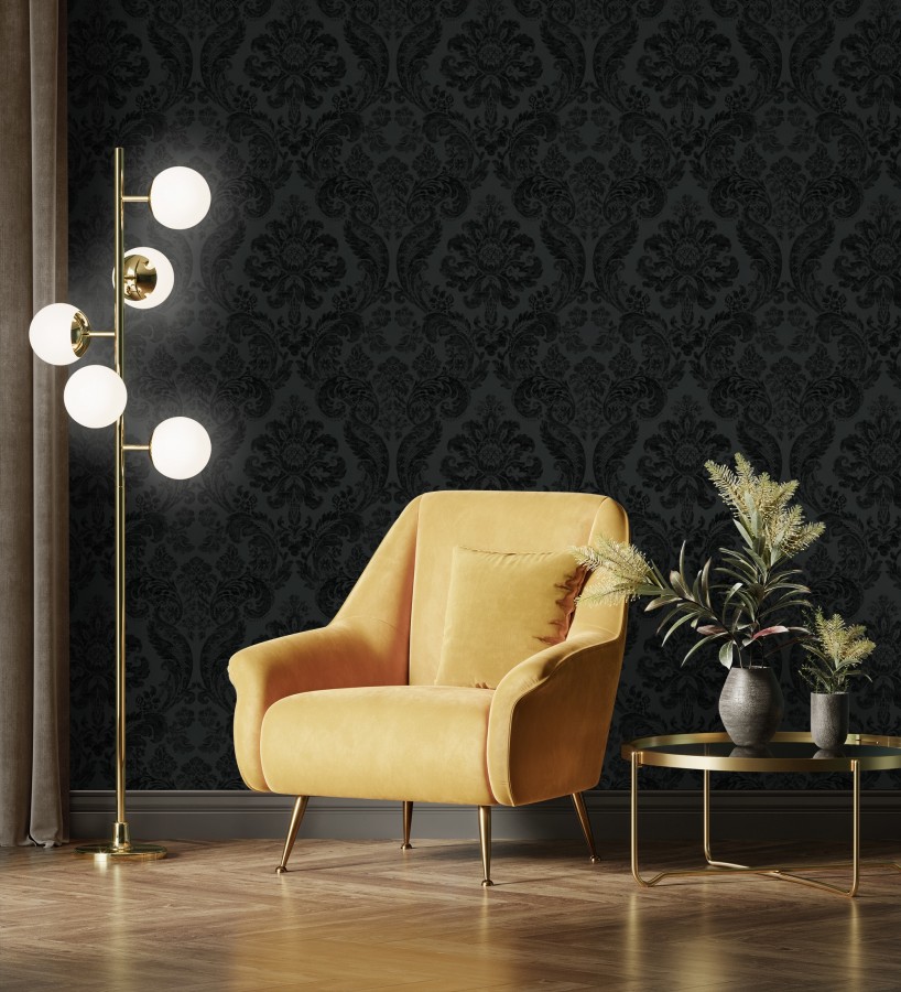 Papel pintado damasco en relieve con terciopelo color negro  Adagio 683774