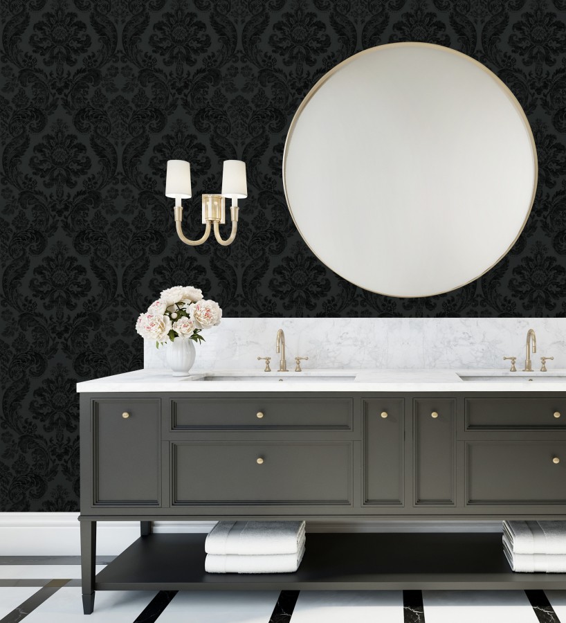 Papel pintado damasco en relieve con terciopelo color negro  Adagio 683774