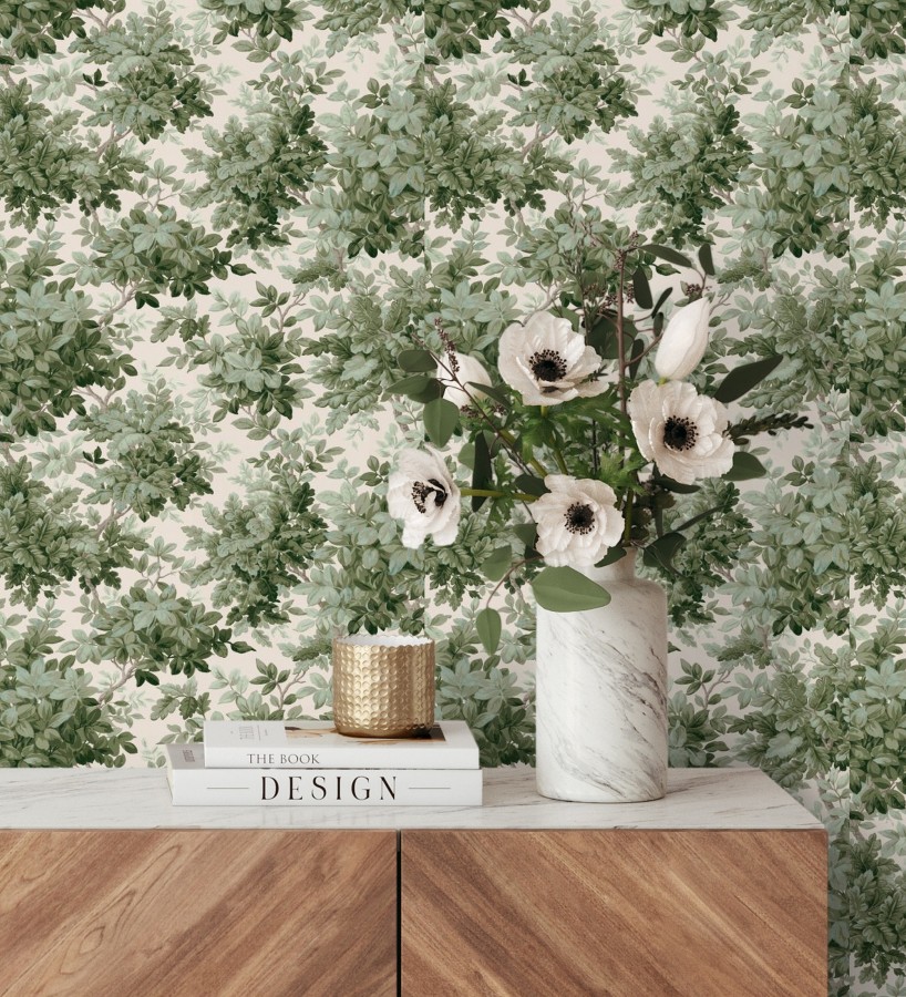 Papel pintado bosque frondoso tonos verde y crema  Cotswold Foliage 683778