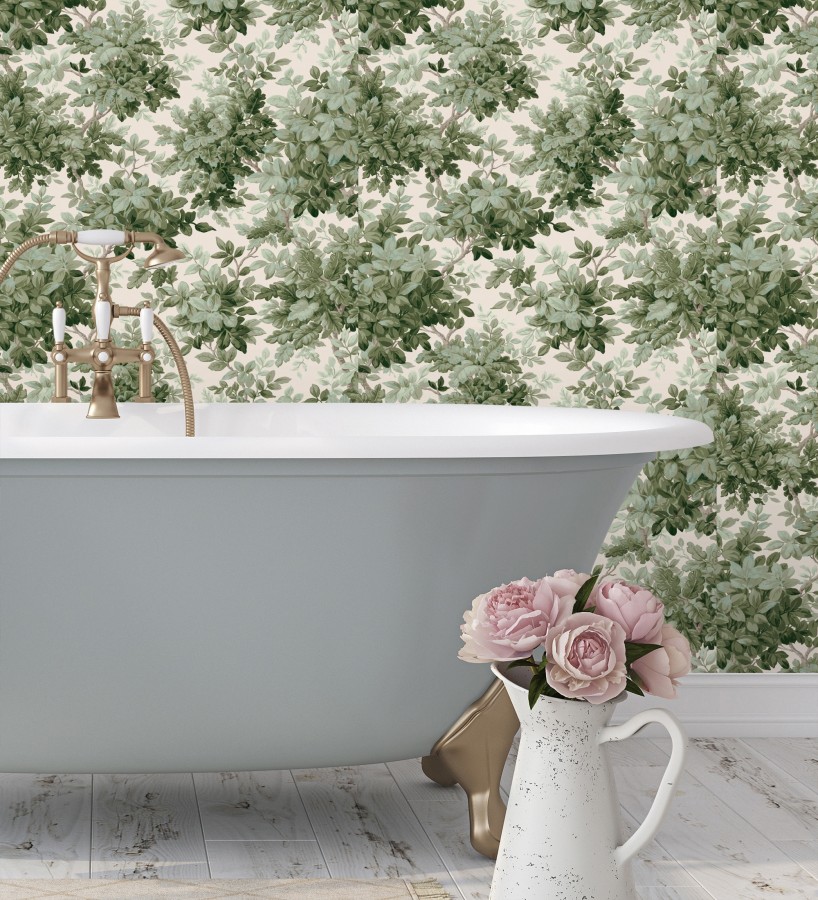 Papel pintado bosque frondoso tonos verde y crema  Cotswold Foliage 683778