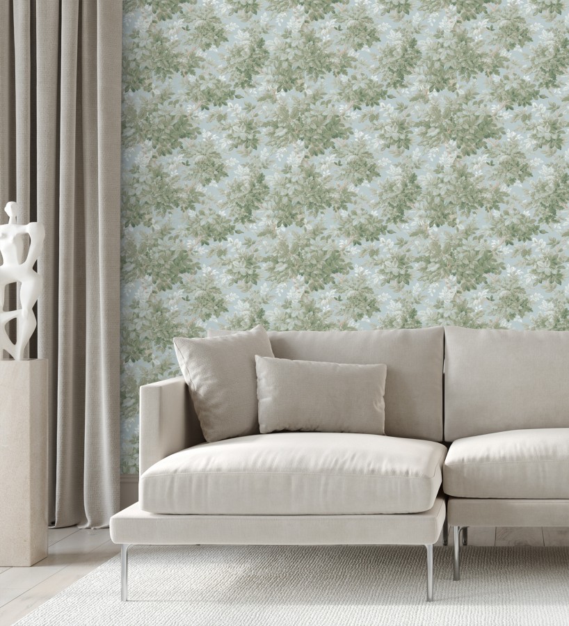 Papel pintado bosque frondoso tonos verde y azul pastel  Cotswold Foliage 683779