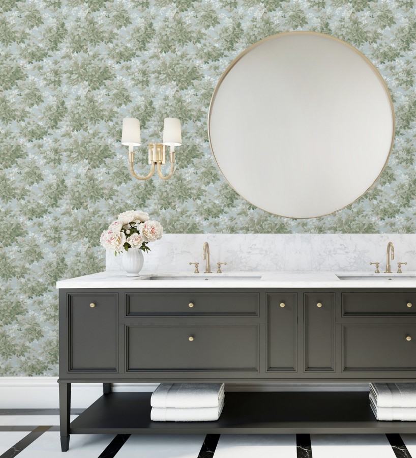 Papel pintado bosque frondoso tonos verde y azul pastel  Cotswold Foliage 683779