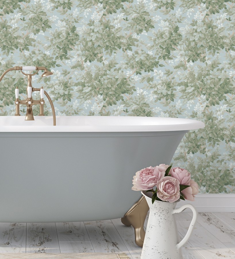 Papel pintado bosque frondoso tonos verde y azul pastel  Cotswold Foliage 683779
