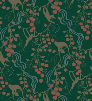 Papel pintado monos en la selva y frutos rojos fondo verde Luanda Monkey 683780