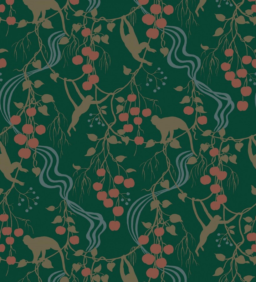 Papel pintado monos en la selva y frutos rojos fondo verde  Luanda Monkey 683780