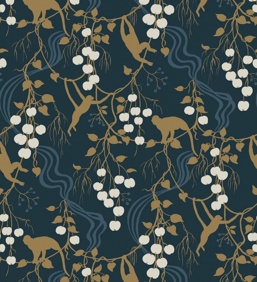 Papel pintado monos en la selva y frutos rojos fondo azul  Luanda Monkey 683782