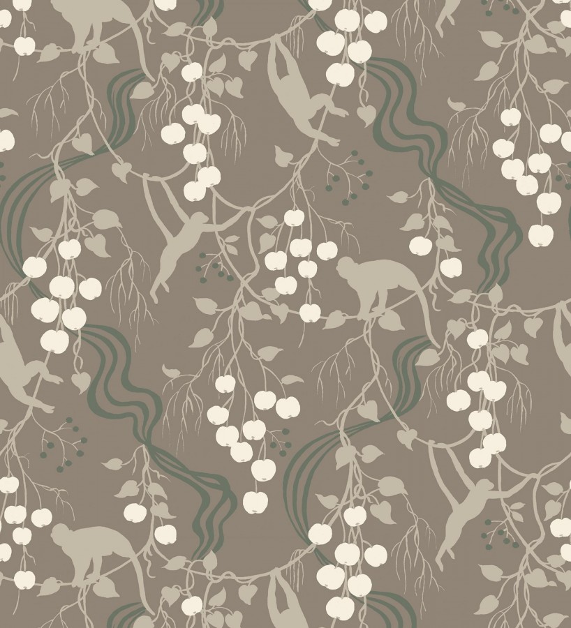 Papel pintado monos en la selva y frutos rojos fondo marrón  Luanda Monkey 683783