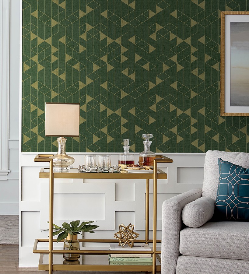 Papel pintado estructura lineal con trama textil color verde y oro  Crystal Grid 683788