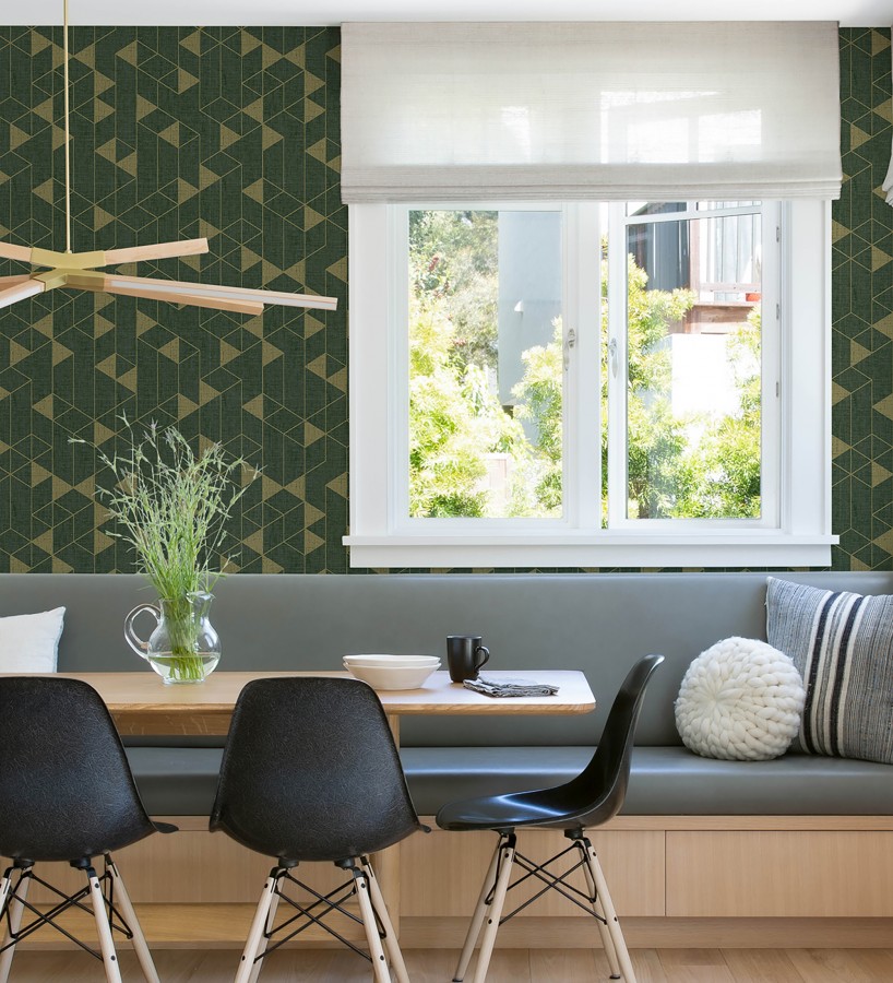 Papel pintado estructura lineal con trama textil color verde y oro  Crystal Grid 683788
