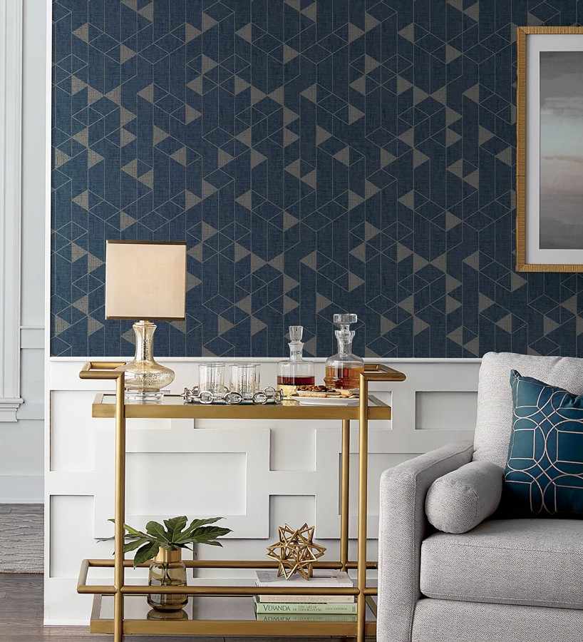 Papel pintado estructura lineal con trama textil color azul y gris metalizado  Crystal Grid 683789