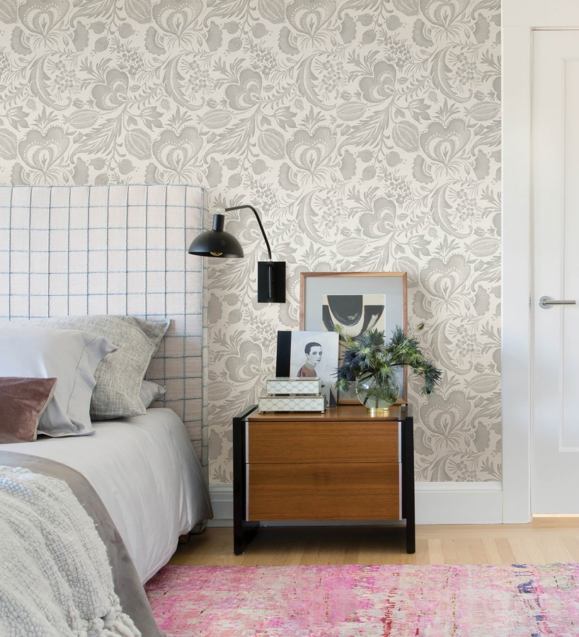 Papel pintado botánico con flores tono neutro efecto lino  Dahlia Rose 683794