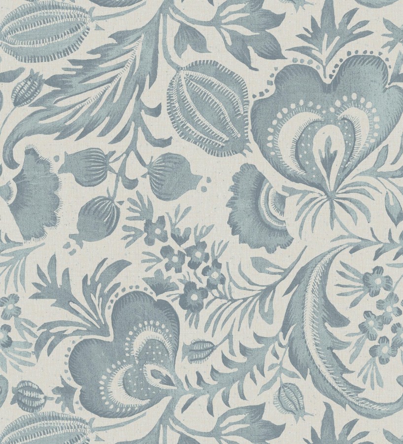 Papel pintado botánico con flores azul efecto lino  Dahlia Rose 683795