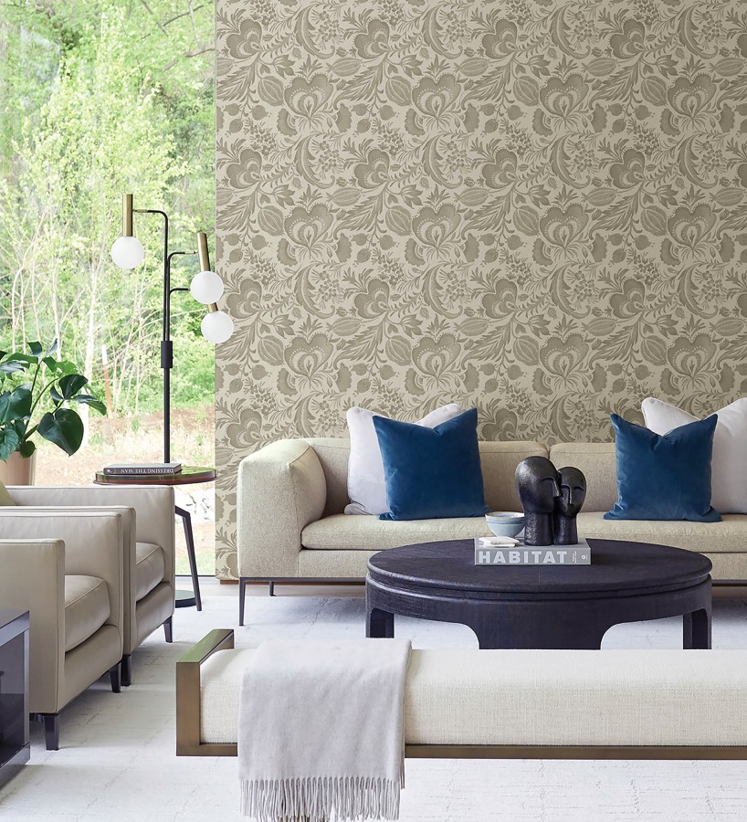 Papel pintado botánico con flores beige tostado efecto lino  Dahlia Rose 683796