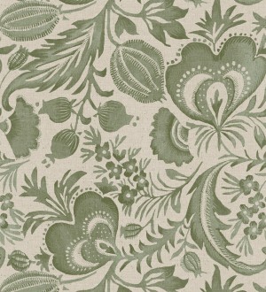 Papel pintado botánico con flores verdes efecto lino Dahlia Rose 683797