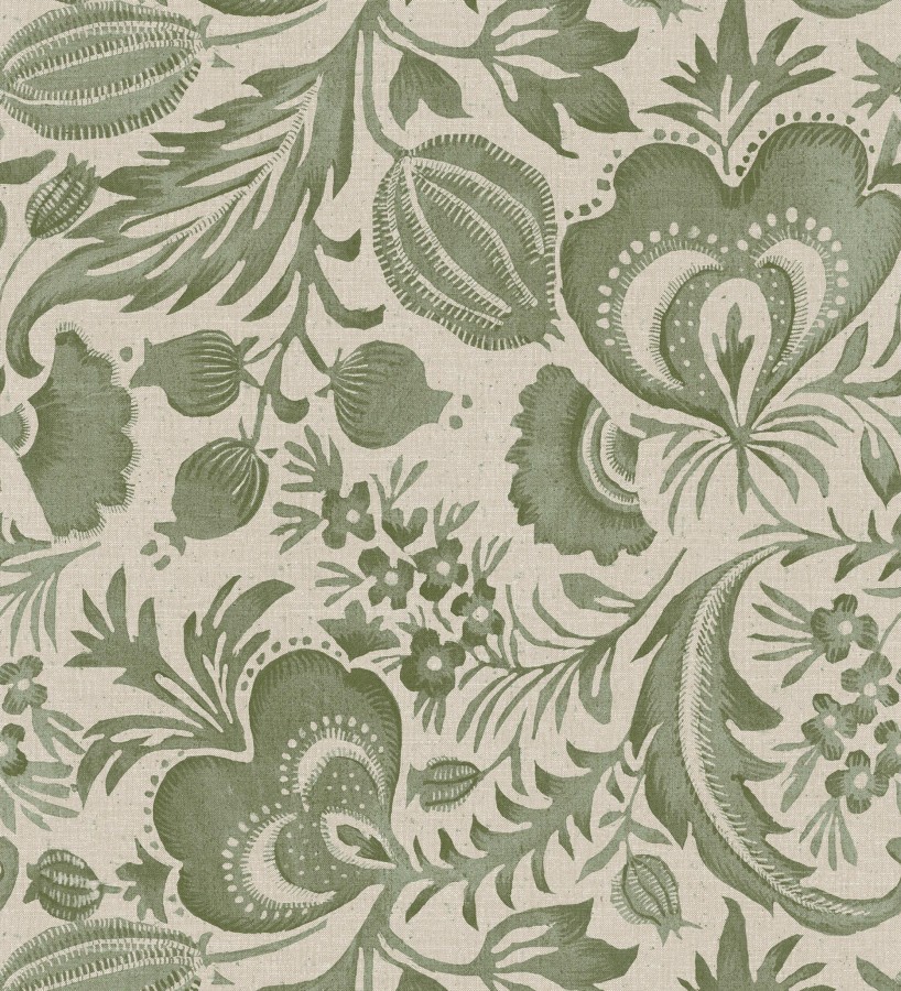 Papel pintado botánico con flores verdes efecto lino  Dahlia Rose 683797