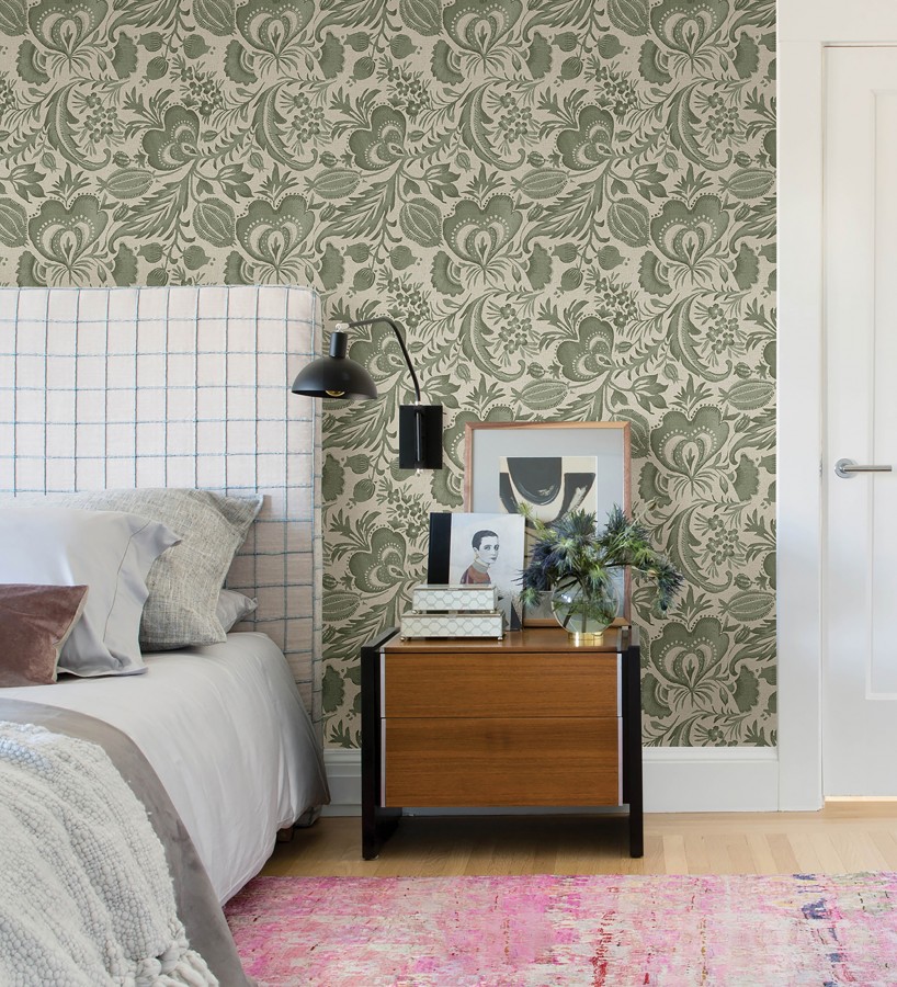 Papel pintado botánico con flores verdes efecto lino  Dahlia Rose 683797