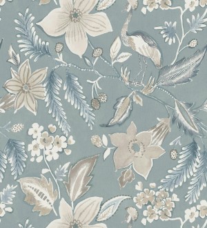 Papel pintado garza y flora exótica azul bruma Seraphina Garden 683805