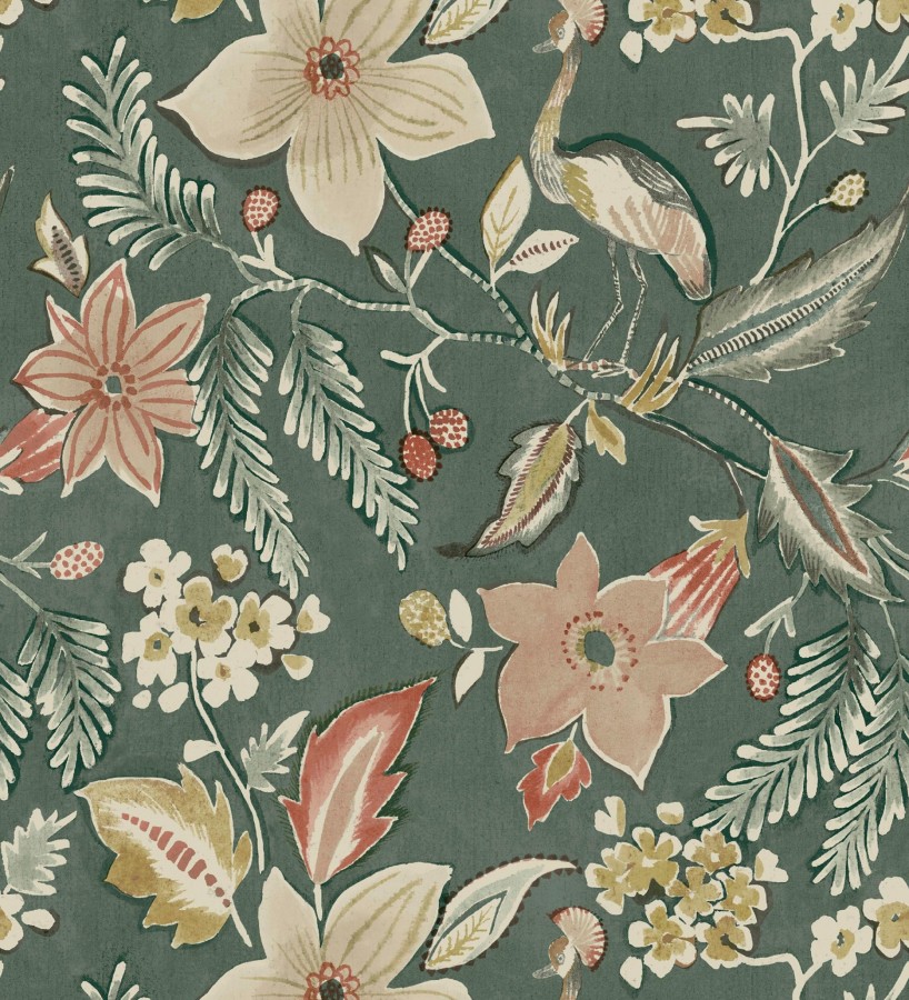 Papel pintado garza y flora exótica fondo verde  Seraphina Garden 683806