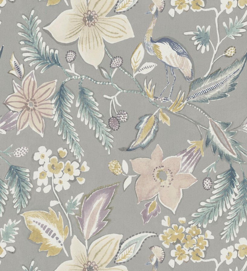 Papel pintado garza y flora exótica fondo gris  Seraphina Garden 683807