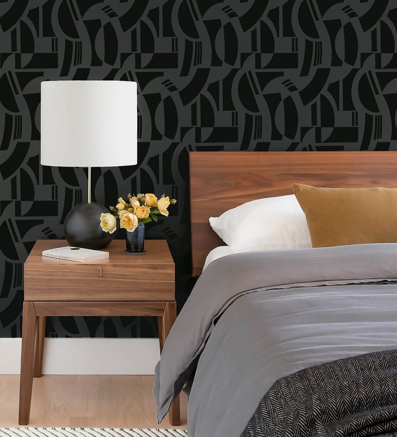 Papel pintado de figuras abstratas en terciopelo negro con relieve  Velvet Strata 683808