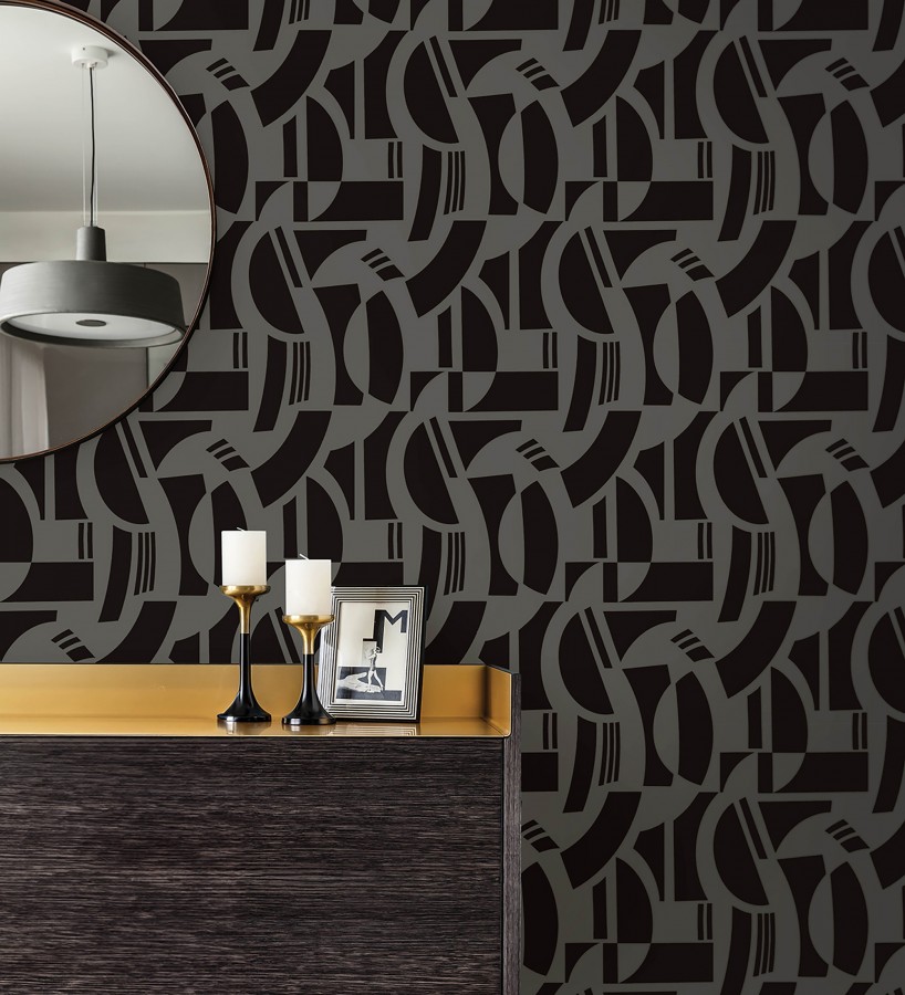 Papel pintado de figuras abstratas en terciopelo negro con relieve  Velvet Strata 683808