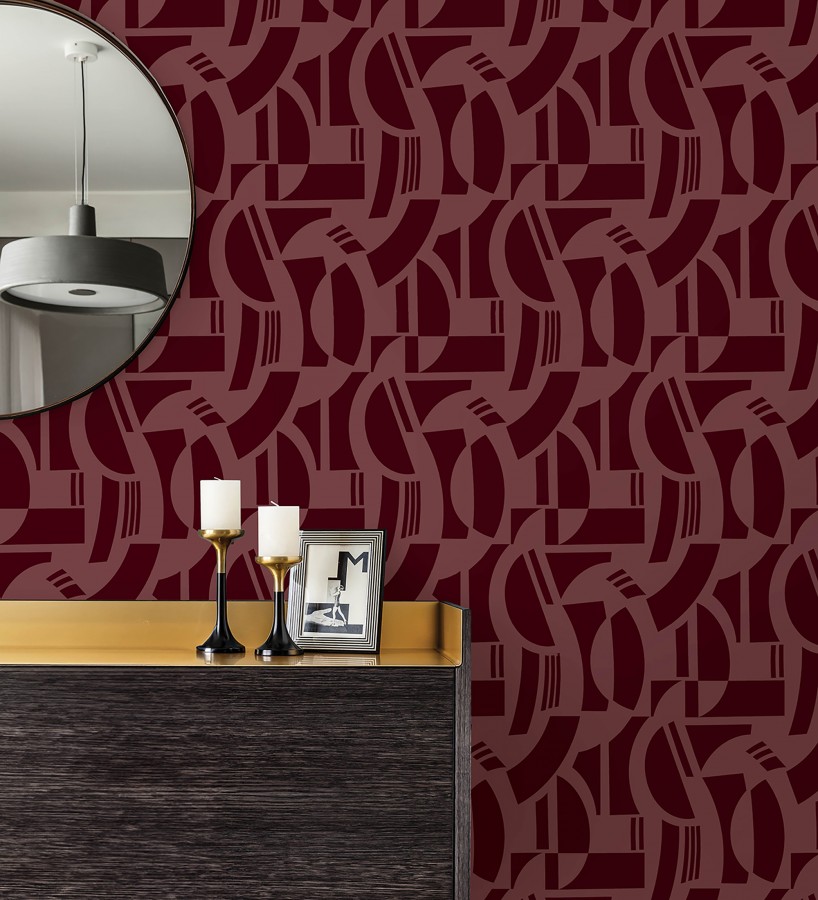 Papel pintado de figuras abstratas en terciopelo burdeos con relieve  Velvet Strata 683809