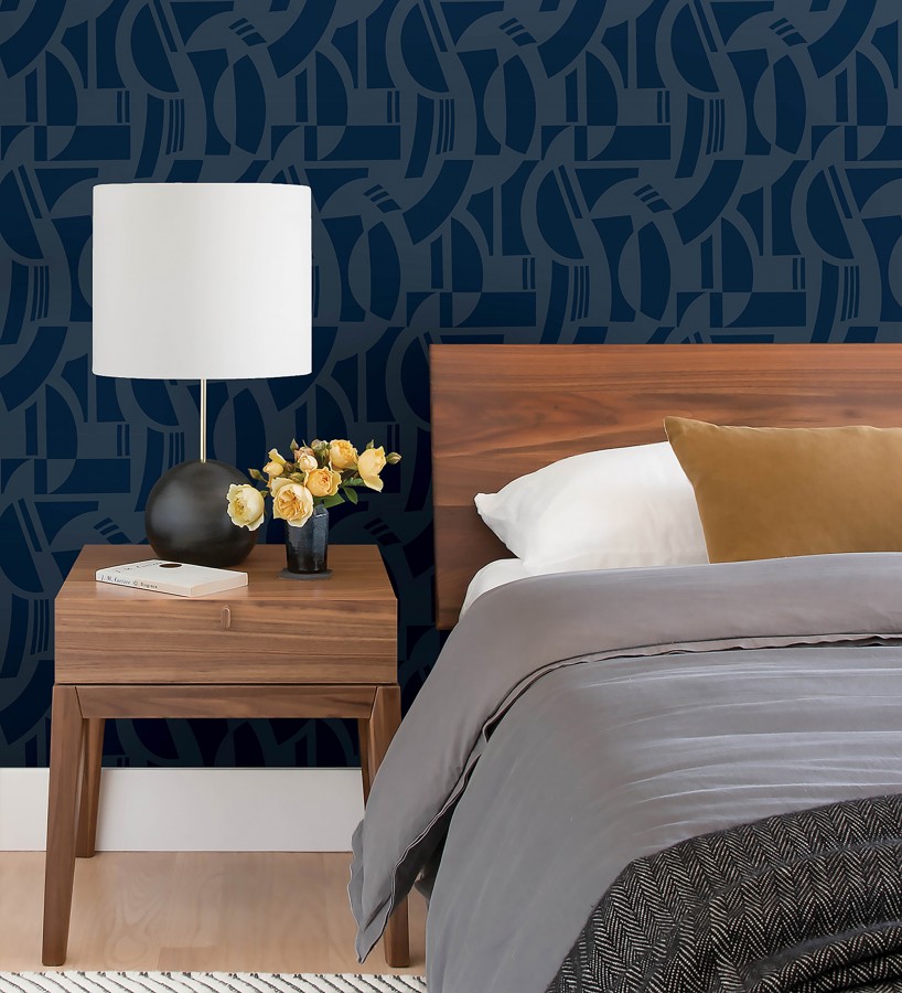 Papel pintado de figuras abstratas en terciopelo azul con relieve  Velvet Strata 683810