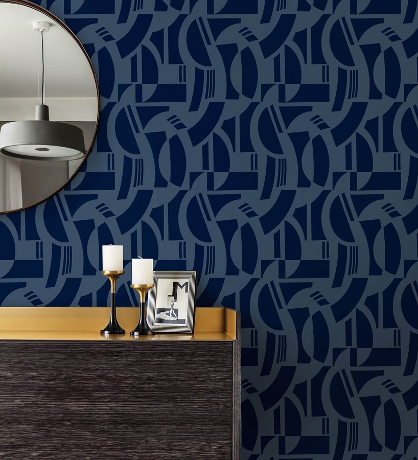 Papel pintado de figuras abstratas en terciopelo azul con relieve  Velvet Strata 683810