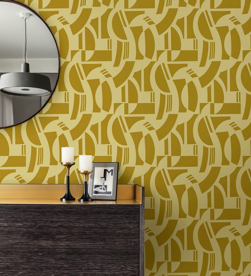 Papel pintado de figuras abstratas en terciopelo amarillo con relieve  Velvet Strata 683811