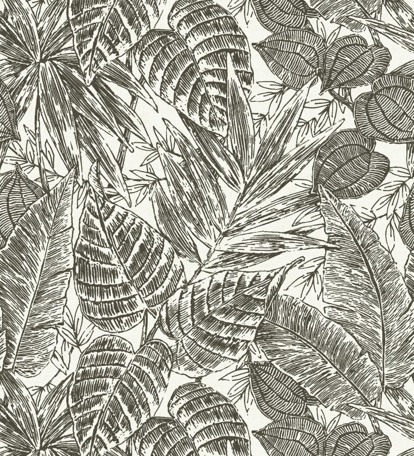 Papel pintado hojas de selva color negro sobre fondo tejido en fibras vegetales  Midnight Palms 683814
