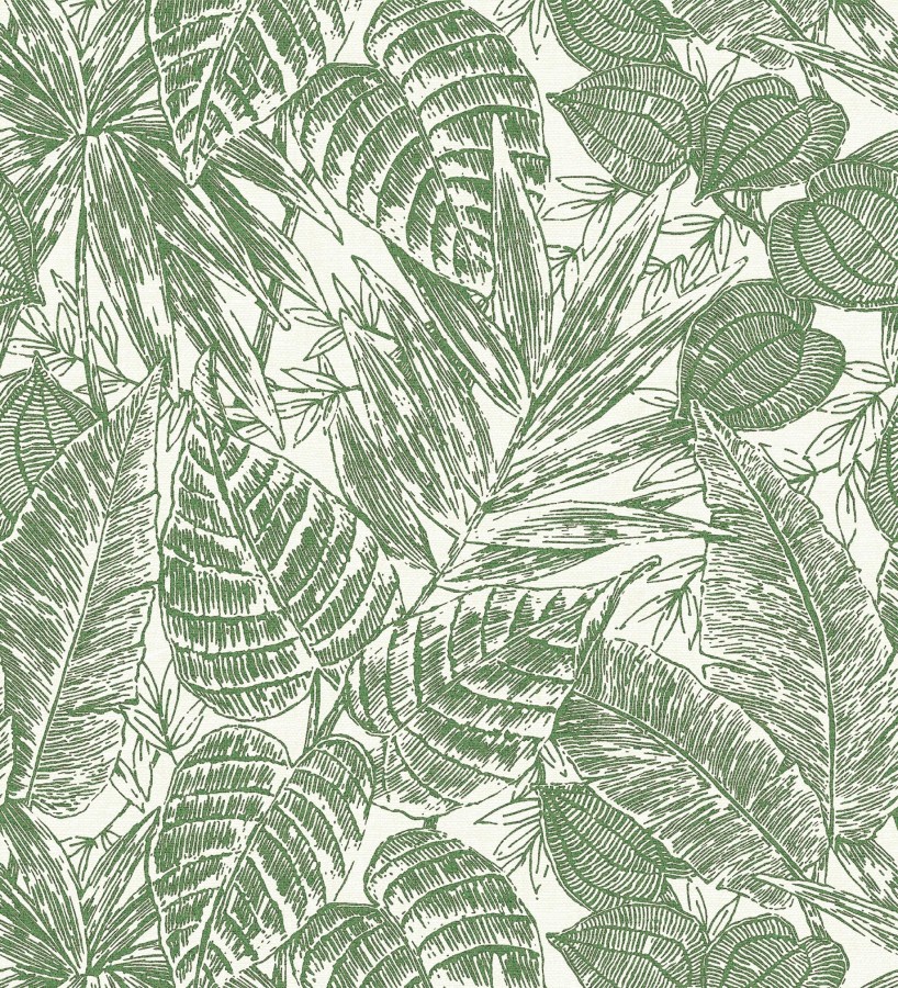 Papel pintado hojas de selva color verde sobre fondo tejido en fibras vegetales  Midnight Palms 683815