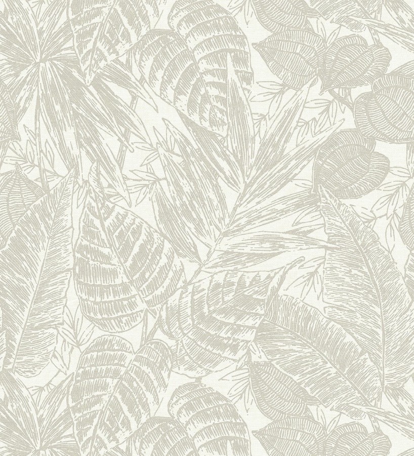 Papel pintado hojas de selva color nácar sobre fondo tejido en fibras vegetales  Midnight Palms 683817