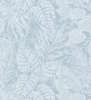 Papel pintado hojas de selva color azul sobre fondo tejido en fibras vegetales Midnight Palms 683818