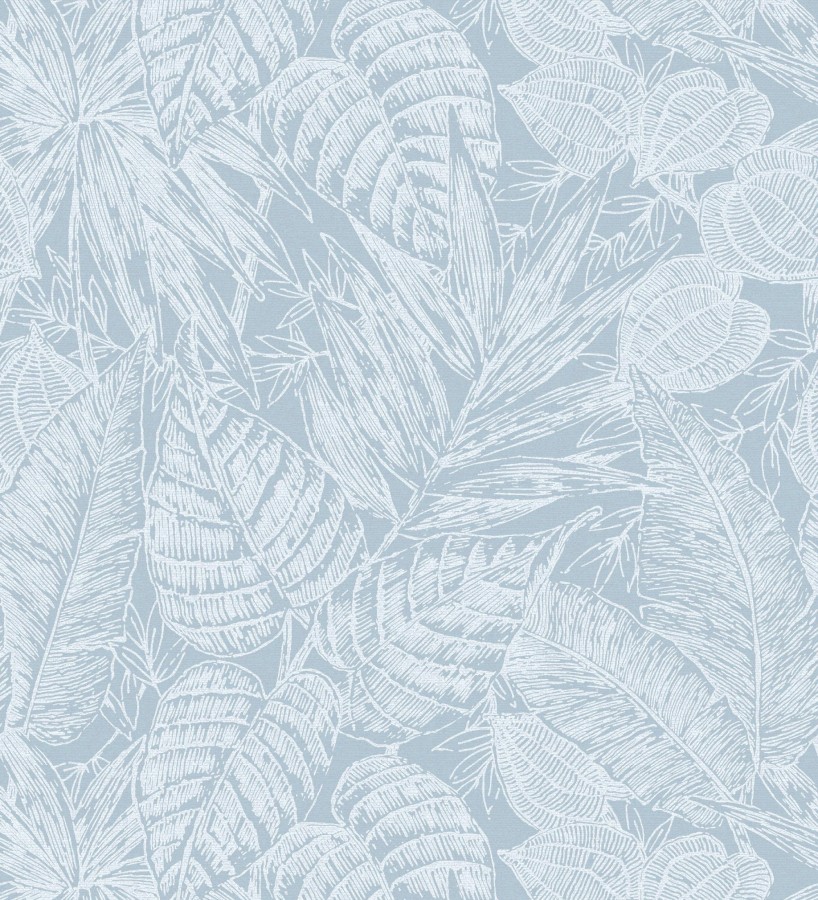 Papel pintado hojas de selva color azul sobre fondo tejido en fibras vegetales  Midnight Palms 683818