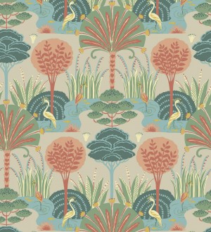 Papel pintado oasis tropical con garzas fondo beige Indira Paradise 683820