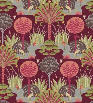 Papel pintado oasis tropical con garzas fondo burdeos Indira Paradise 683821