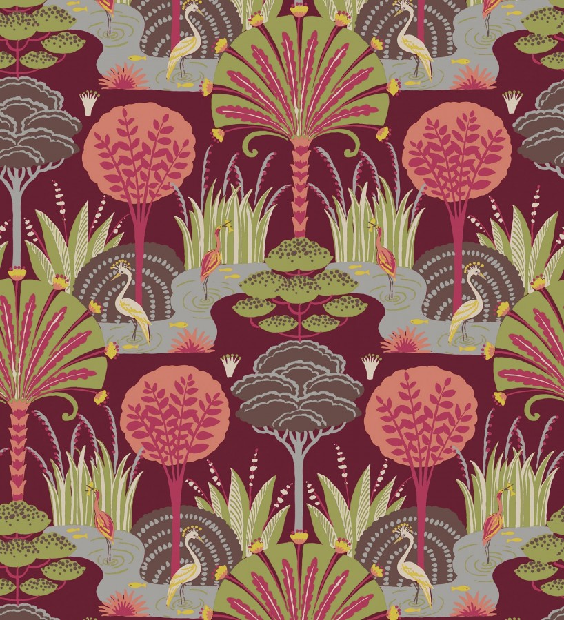 Papel pintado oasis tropical con garzas fondo burdeos  Indira Paradise 683821
