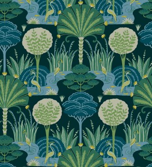 Papel pintado oasis tropical con garzas fondo verde Indira Paradise 683822