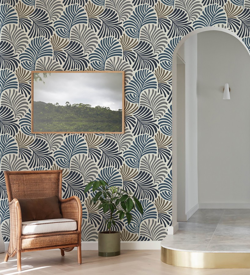 Papel pintado de hojas estilo retro colores azules ocre y gris  Amara Palms 683823