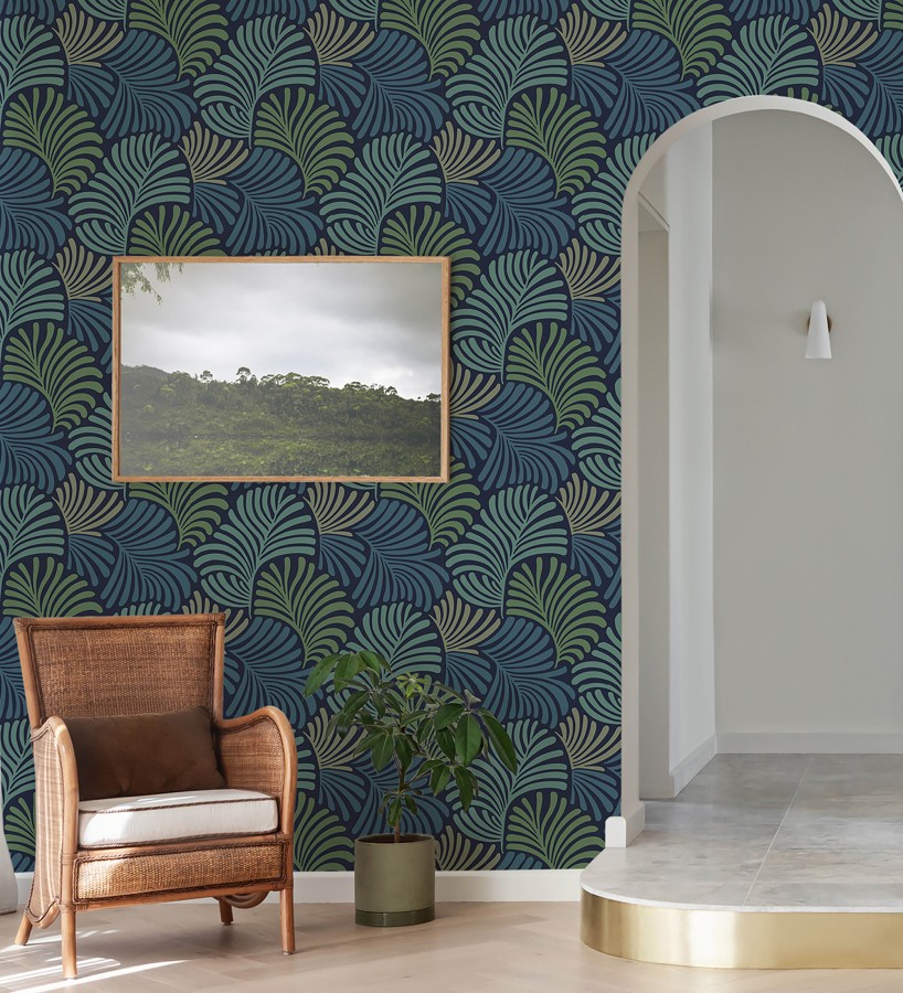 Papel pintado de hojas estilo retro colores verde y azul  Amara Palms 683824